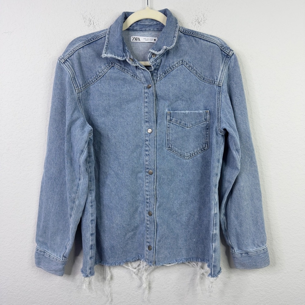 Zara Shacket Womens S Light Wash Fringe Denim Western Minimalist Y2K Norm Boho